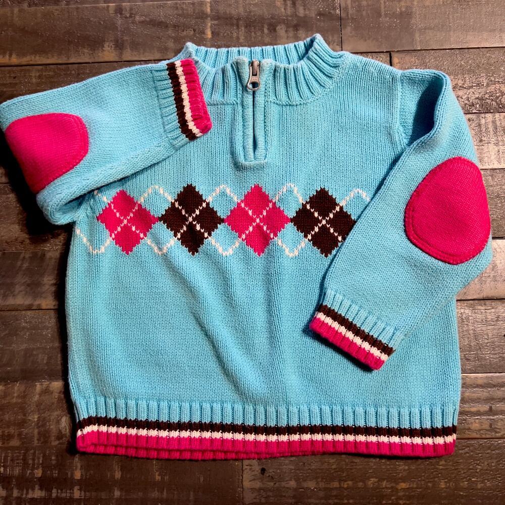 Hanna Andersson Blue Argyle Stripe Sweater, Elbow Patches Size 3T